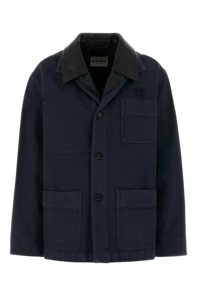 Miu Miu Single-breasted Jacket In Gabardine And Leather In Multi