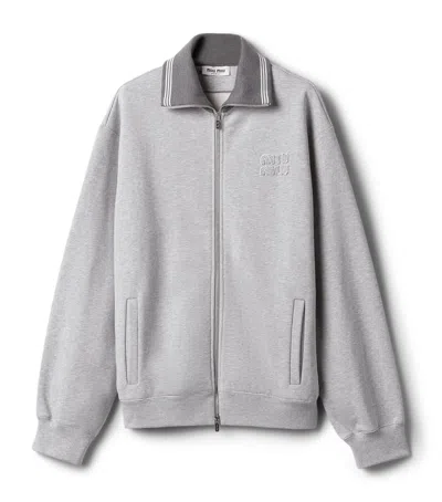 Miu Miu Cotton Fleece Logo Oversized Jacket In Gray