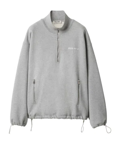 Miu Miu Cotton Fleece Zipper Sweatshirt In Gray