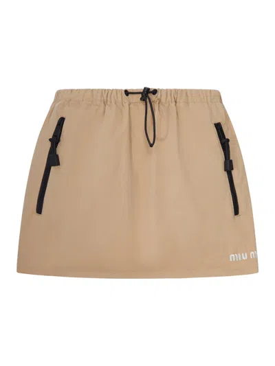 Miu Miu Cotton Gabardine Miniskirt With Drawstring In Brown
