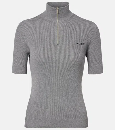Miu Miu Cotton Half-zip Sweater In Gray