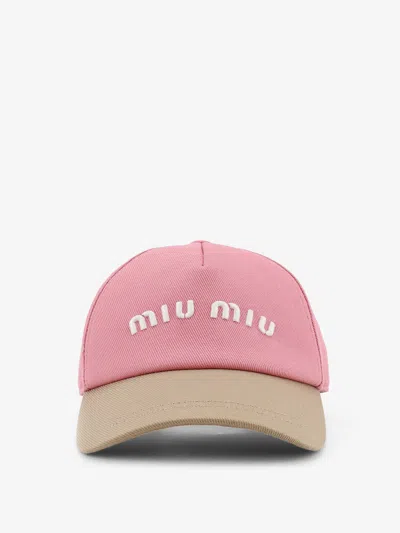 Miu Miu Cotton Hat With Embroidered Lettering Logo In Pink