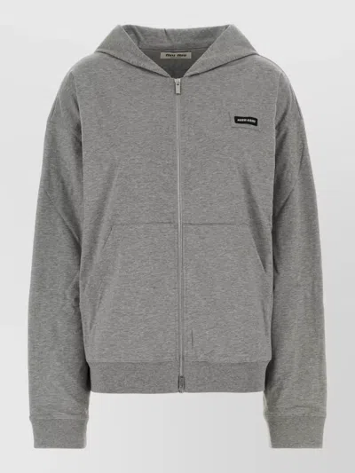 Miu Miu Cotton Hooded Sweatshirt Long Sleeves In Gray