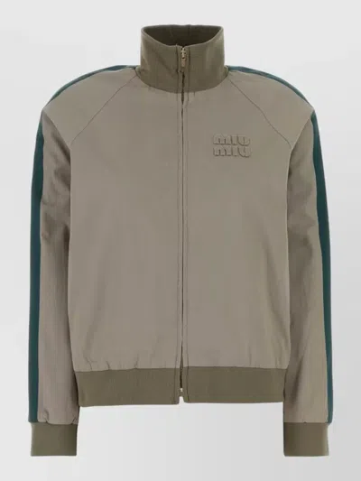 Miu Miu Cotton Jacket High Collar Ribbed Cuffs In Green