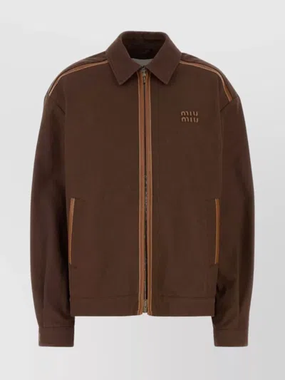 Miu Miu Cotton Jacket With Front Pockets And Contrast Piping In Brown