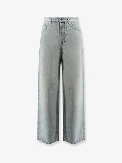 Miu Miu Cotton Jeans With Logo Lettering Embroidery In Brown