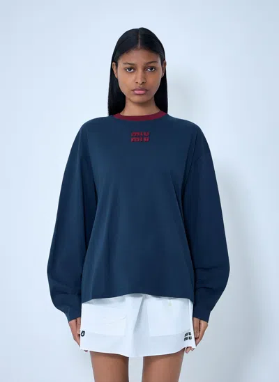 Miu Miu Cotton Jersey Sweatshirt With Logo Motif In Blue