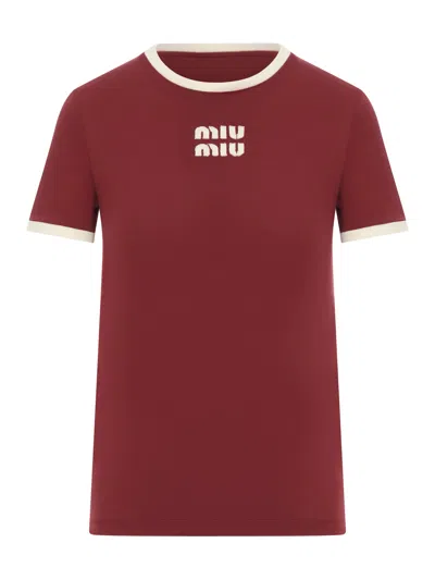 Miu Miu Cotton Jersey T-shirt With Embroidered Logo In Red