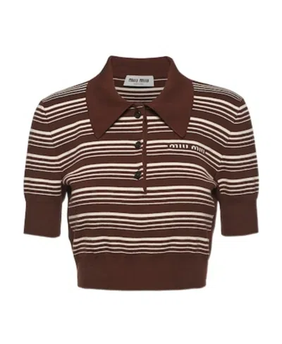 Miu Miu Cotton Knit Polo Shirt In Brown