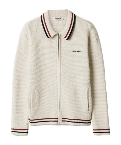 Miu Miu Cotton Knit Zipper Cardigan In White