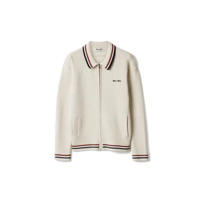 Miu Miu Cotton Knit Zipper Cardigan In White