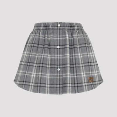 Miu Miu Gray Checkered Cotton Midi Skirt In Blue