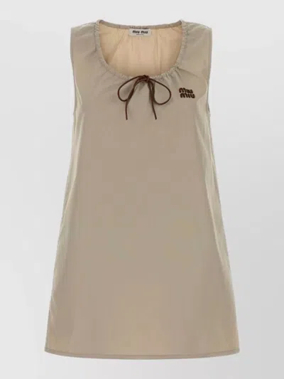 Miu Miu Cotton Mini Dress Scoop Neck Bow Detail In Neutral