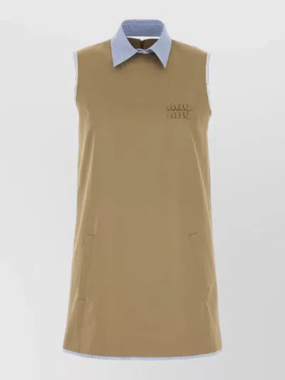Miu Miu Cotton Mini Dress Sleeveless Front Pockets In Brown