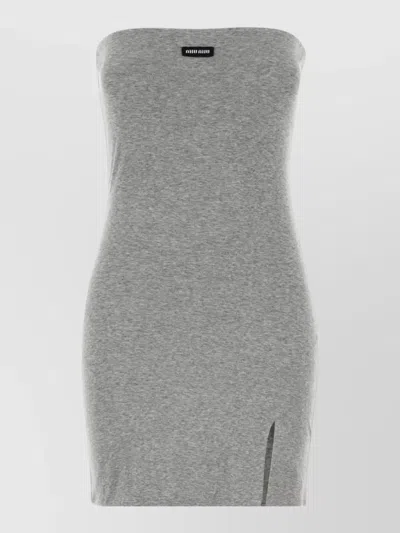 Miu Miu Cotton Mini Dress Strapless Side Slit In Gray