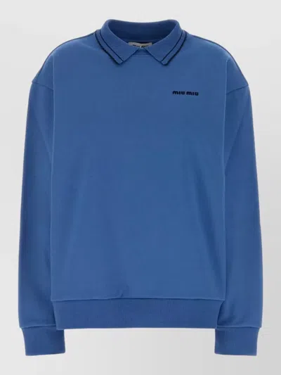 Miu Miu Cotton Oversized Polo Shirt Ribbed Cuffs Hem In Blue