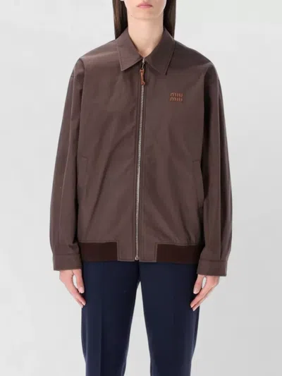 Miu Miu Cotton Panama Blouson Jacket Shirt Collar In Brown