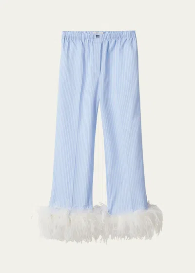 Miu Miu Cotton Pinstripe Feather-trim Pants In F0x24 Cielo Bianc