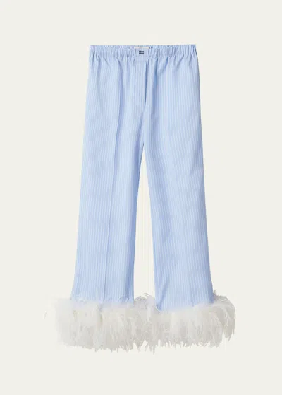Miu Miu Cotton Pinstripe Feather-trim Pants In Blue