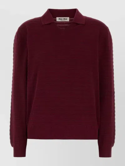 Miu Miu Cotton Polo Shirt Textured Knit Collar In Burgundy