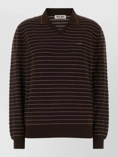 Miu Miu Cotton Polo Shirt V Neck Stripes In Brown