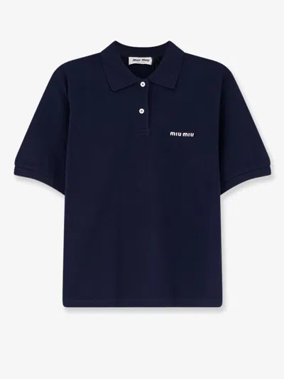 Miu Miu Cotton Polo Shirt With Front Embroidered Logo In Blue