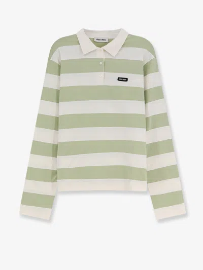 Miu Miu Cotton Polo Shirt With Striped Pattern In Green