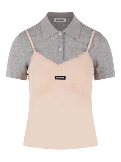 Miu Miu Cotton Polo Top In Gray