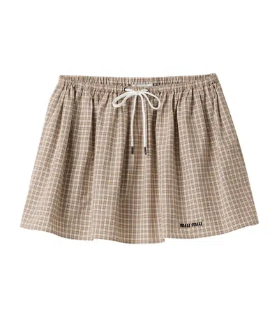 Miu Miu Cotton Poplin Check Mini Skirt In Brown