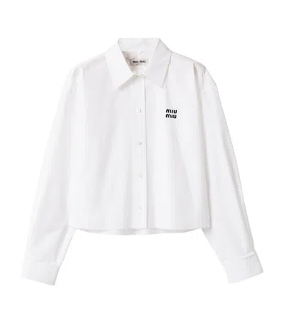 Miu Miu Cotton Poplin Cropped Logo Shirt In White