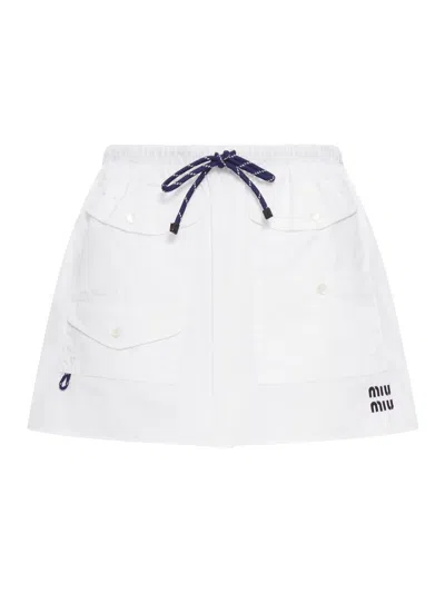 Miu Miu Cotton Poplin Mini Skirt With Logo In White