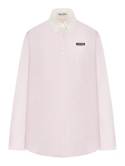 Miu Miu Cotton Poplin Shirt With Logo Patch In Pink