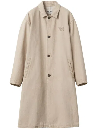 Miu Miu Cotton Single-breasted Coat In Neutrals