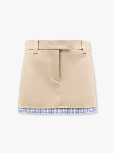 Miu Miu Cotton Skirt With Check Insert On The Bottom In Beige