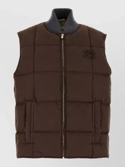 Miu Miu Cotton Sleeveless Down Jacket In Brown