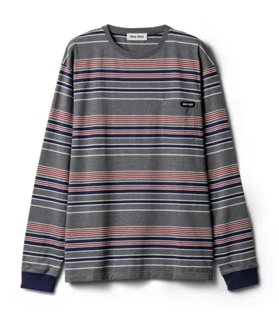 Miu Miu Cotton Striped T-shirt In Gray