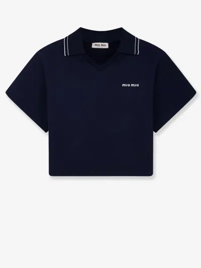 Miu Miu Cotton Sweatshirt With Logo Embroidery In Blue