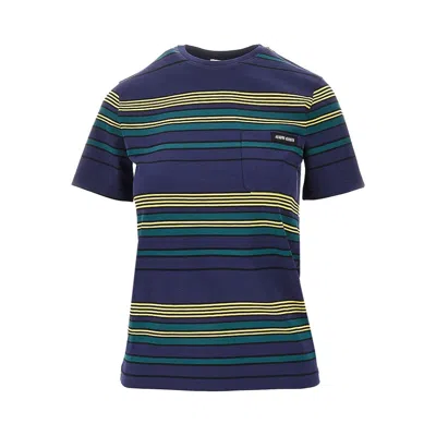 Miu Miu Cotton T-shirt With Striped Motif In Blue