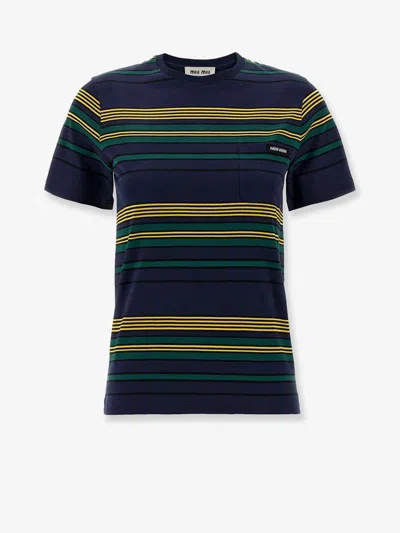 Miu Miu Cotton T-shirt With Striped Pattern In Blue