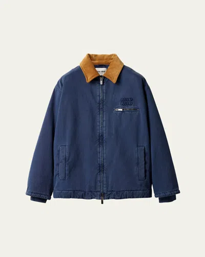 Miu Miu Gabardine Trucker Jacket With Corduroy Collar In Indigo Blue