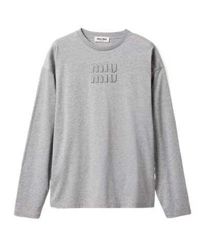 Miu Miu Cotton T-shirt With Embroidered Logo In Gray