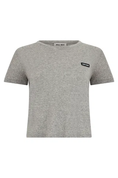 Miu Miu Cotton T-shirt With Mini Logo In Gray