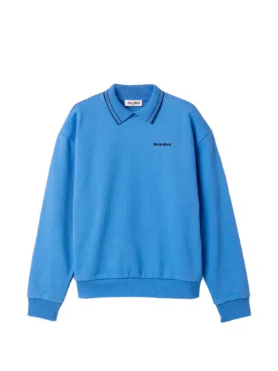 Miu Miu Crewneck Sweatshirt With Embroidered Logo And Collar In Blue