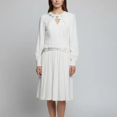 Pre-owned Miu Miu Cream Crystal Embellished Crepe Long Sleeve Dress M In White