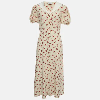 Pre-owned Miu Miu Cream Floral Print Silk Maxi Dress M In White
