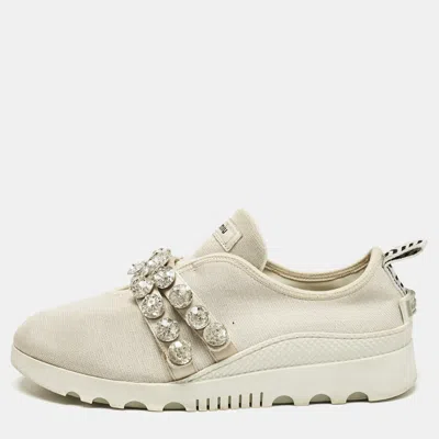 Pre-owned Miu Miu Cream Knit Fabric Crystal Embellished Slip On Sneakers Size 41