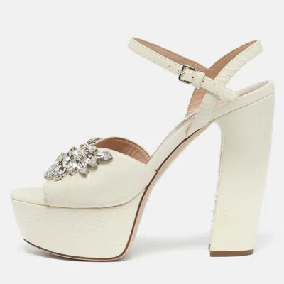 Pre-owned Miu Miu Cream Python Leather Crystal Embellish Platform Ankle Strap Sandals Size 36.5 In White