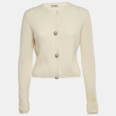 Pre-owned Miu Miu Cream Rib Knit Closure Detail Cardigan S In White