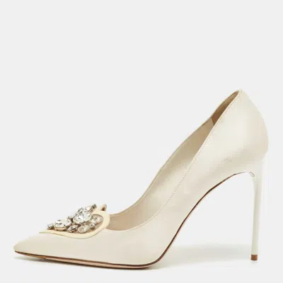 Pre-owned Miu Miu Cream Satin Crystals Embellished Pointed Toe Pumps Size 36 In White