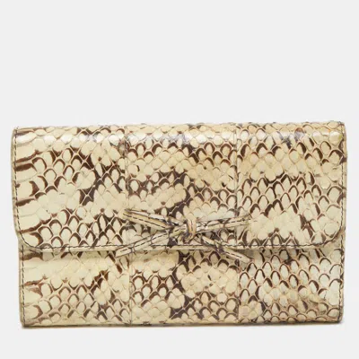 Pre-owned Miu Miu Cream Watersnake Leather Bow Flap Compact Wallet